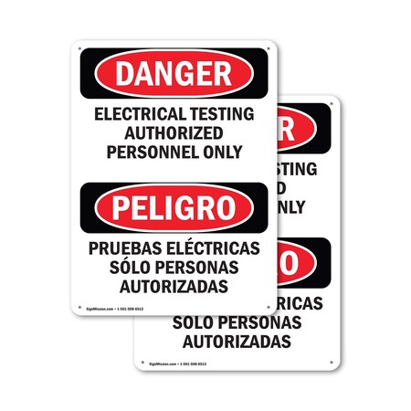 Signmission Electrical Testing Bilingual Danger Sign, Plastic, 12in W x 18in L, 2PK OS-2PACK-DS-P-1218-VS-1786